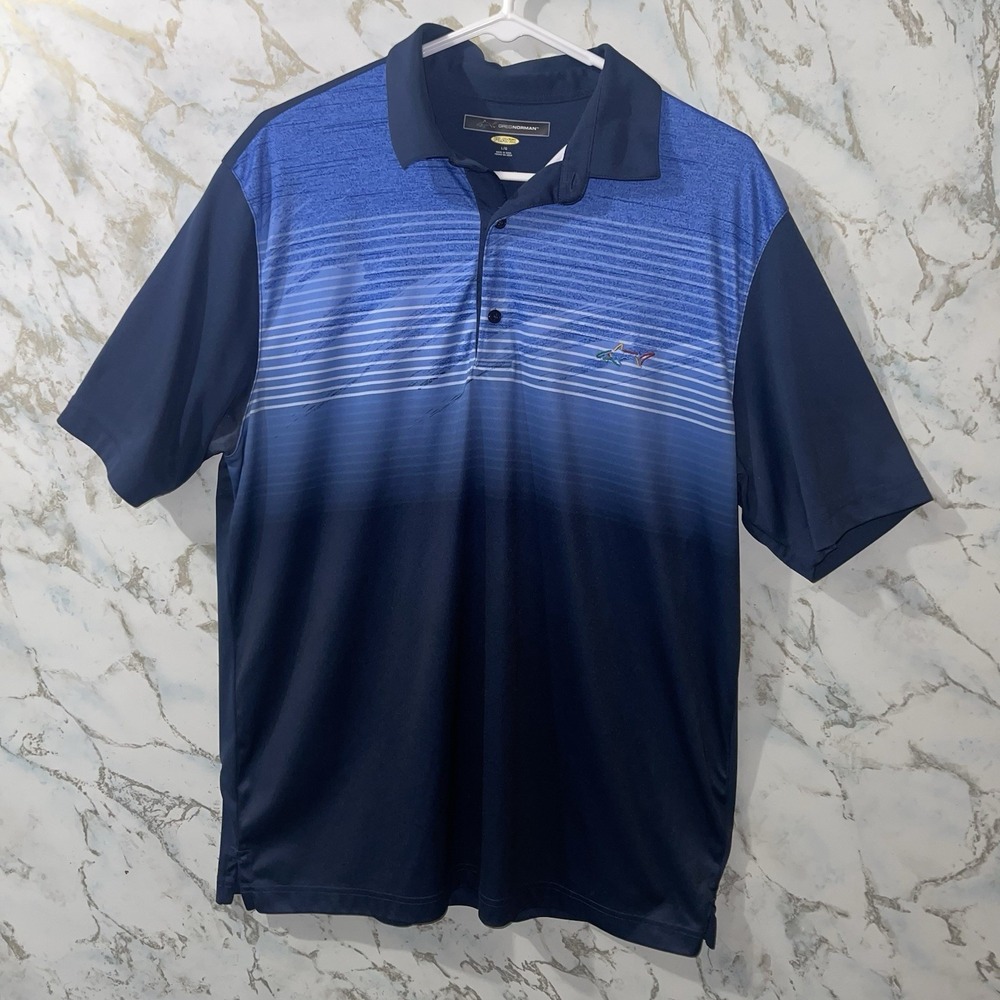Greg Norman Men's Blue/Black Striped Logo Collared 3-Button Polo Shirt L/G